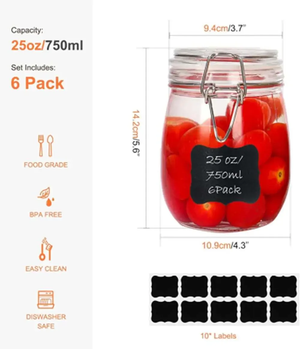 Glass Storage Jars 25Oz 750Ml with Airtight Lids Leak Proof Rubber Gasket